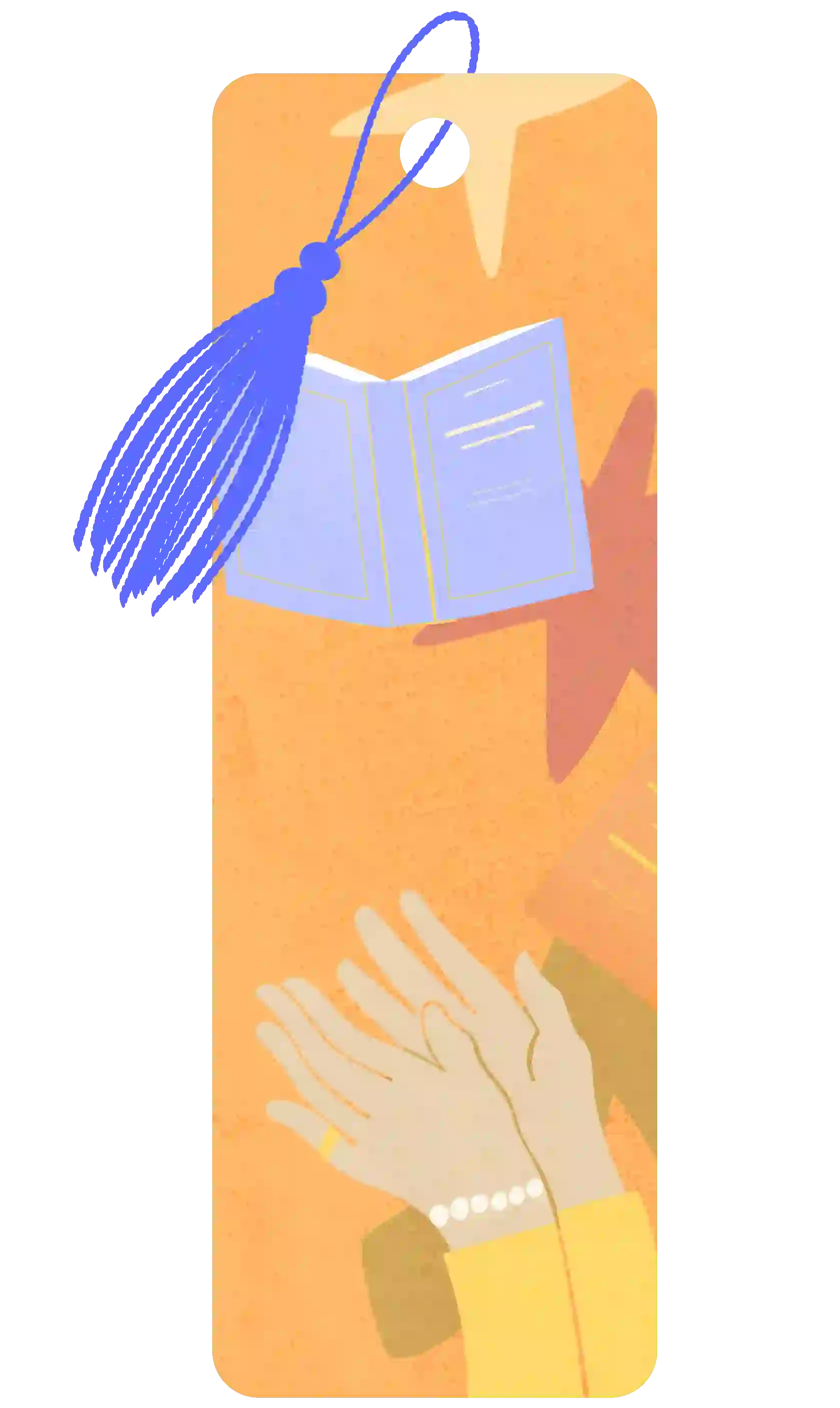 A bookmark illustration with a person's hands reaching up for a floating book. The arms are adorned with a yellow shirt, pearl bracelet, and a pinky ring. The floating book is blue, and there are some star shaped patterns in the background of the image which is mostly orange