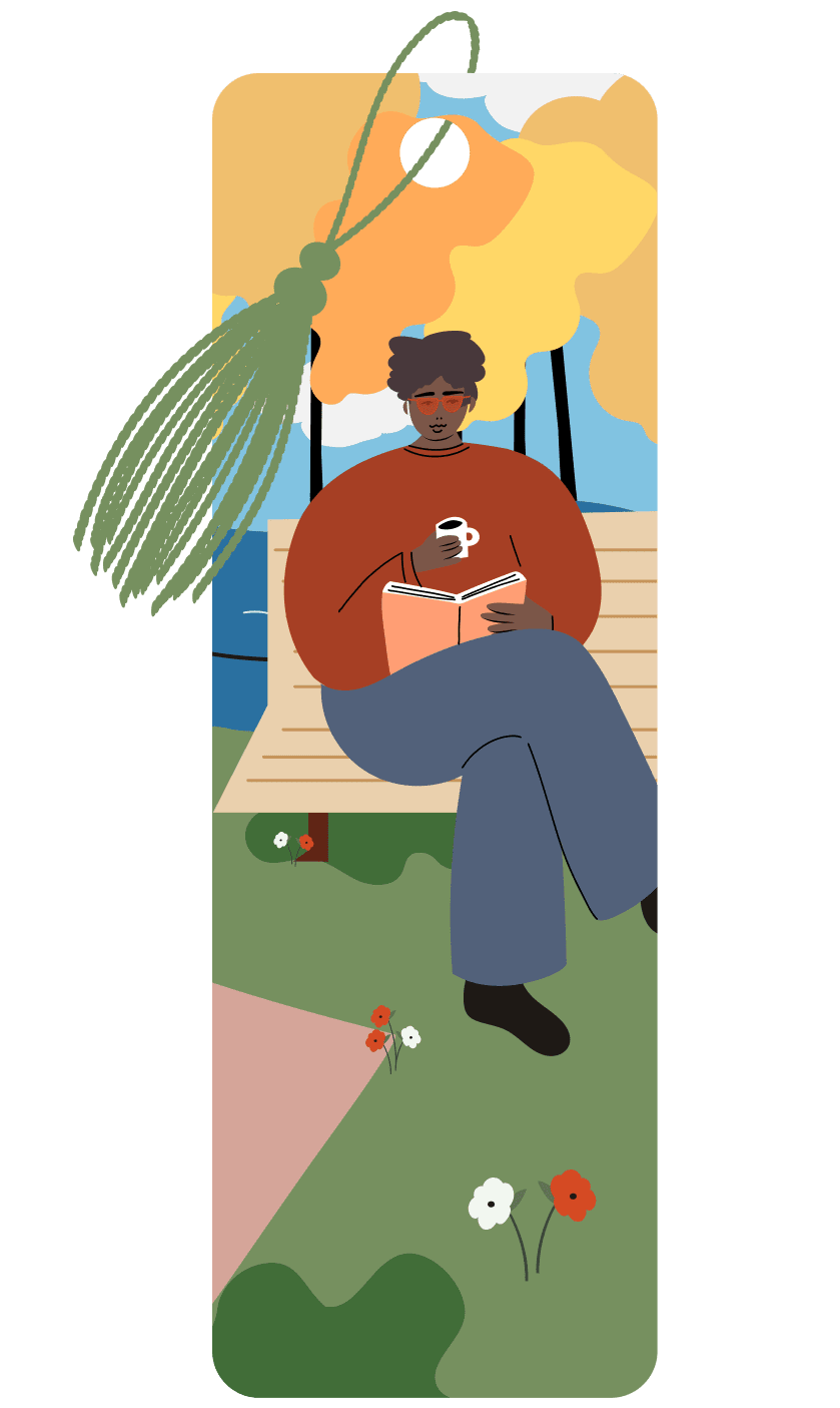 A person wearing red sunglasses is sitting on a park bench reading a book while holding a mug of coffee. There are flowers growing around their feet, and in the background is a body of water and yellow/orange trees