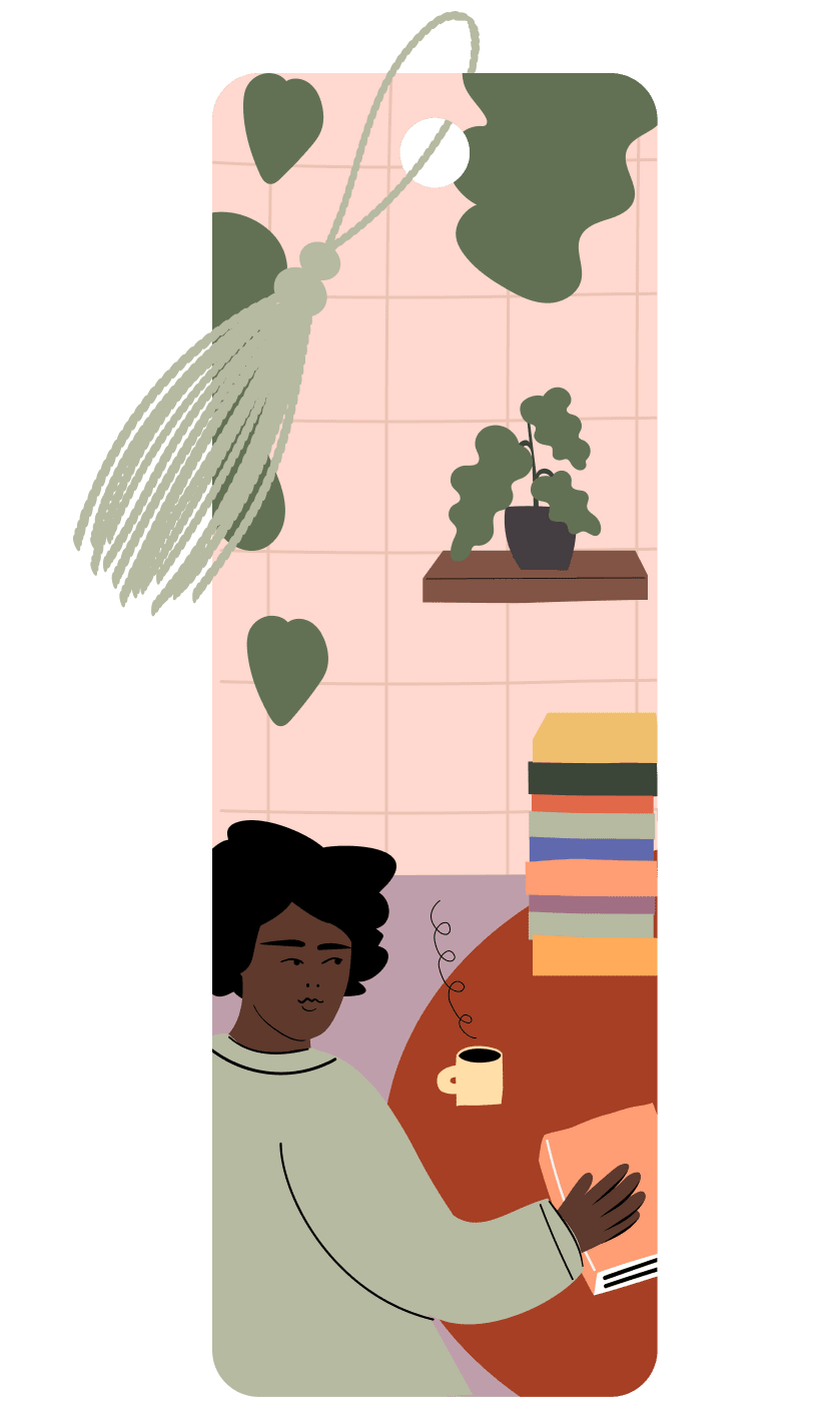 An illustration of a person holding a closed book on the top of a large table also containing a hot cup of coffee and a stack of books, with plants in the background