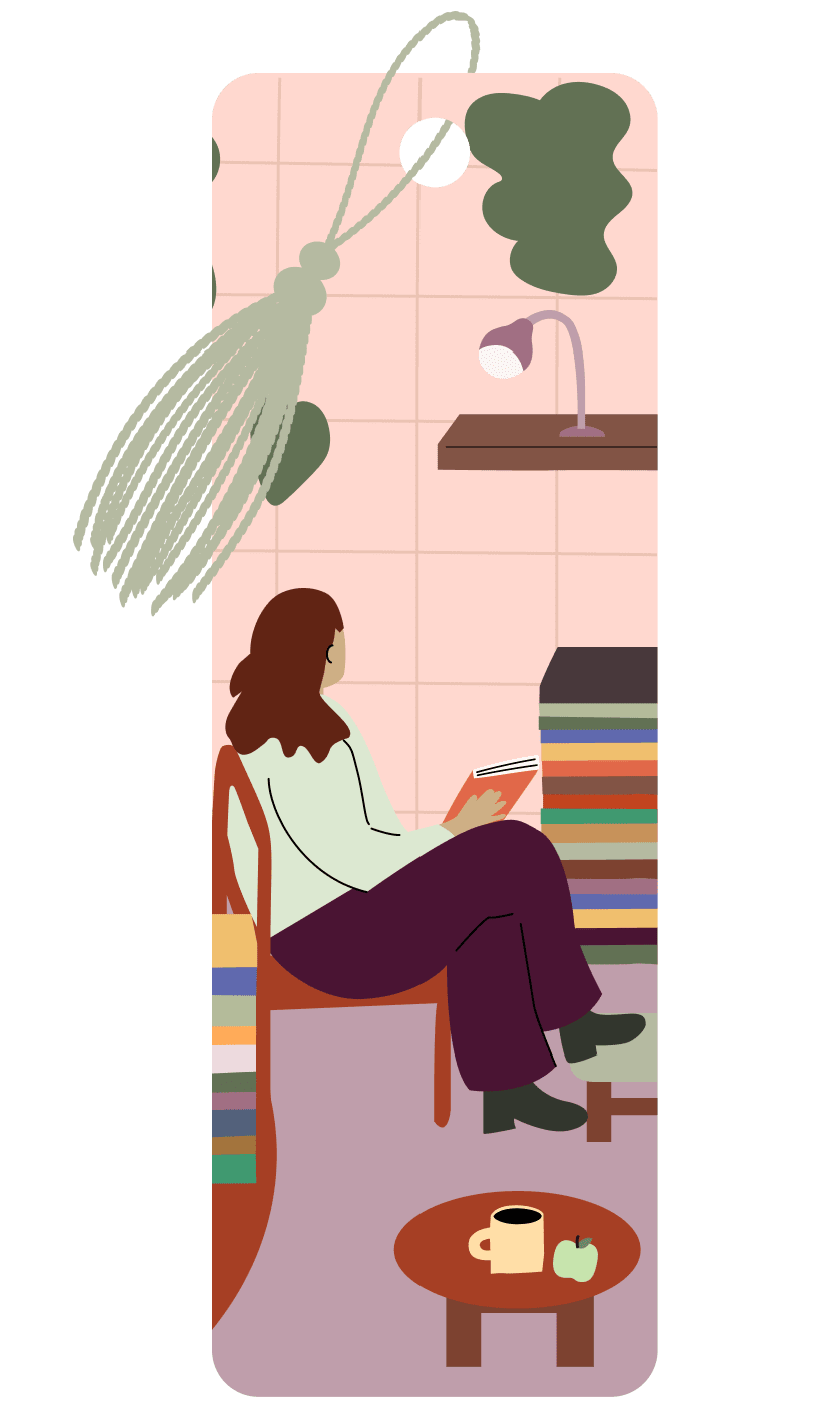 Badge of a person reading a book with a stack of books in the background and a small table in the foreground with a mug of coffee and a green apple on it
