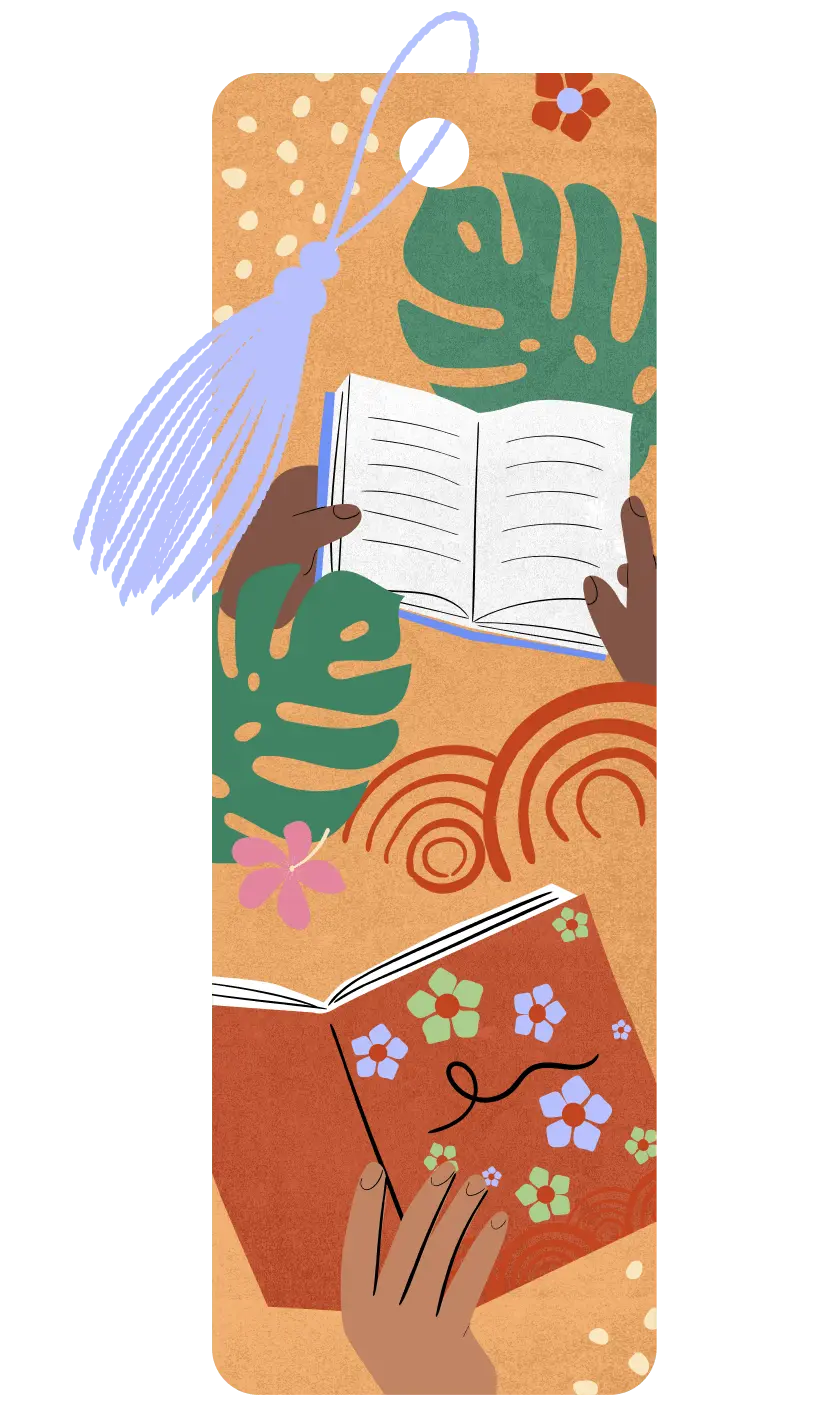 Badge with two books being read by two different people. All it shows are the people's hands with the books open. The image has an orange background consisting of monstera plants, spirals, and hybiscus flowers in the background.