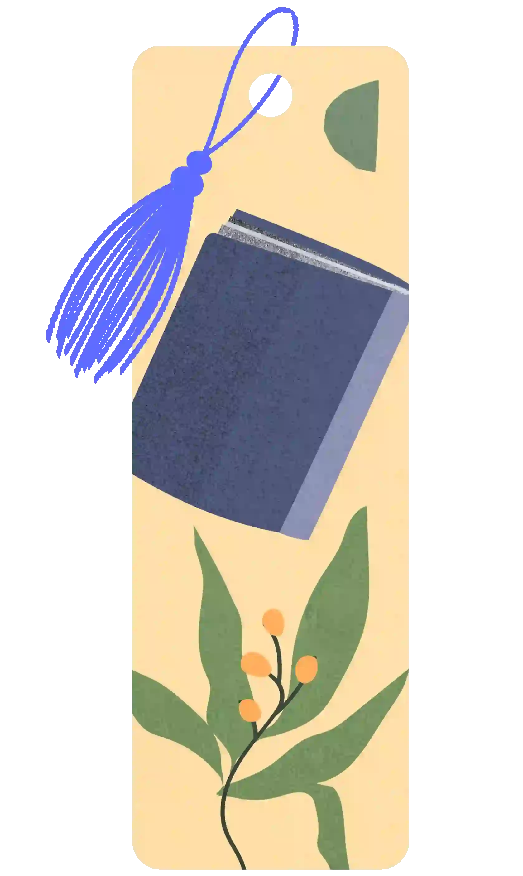 A bookmark illustration with a with a dark blue book hovering above a green plant with some orange berries on it. The bookmark has a bright blue tassel on the top of it.