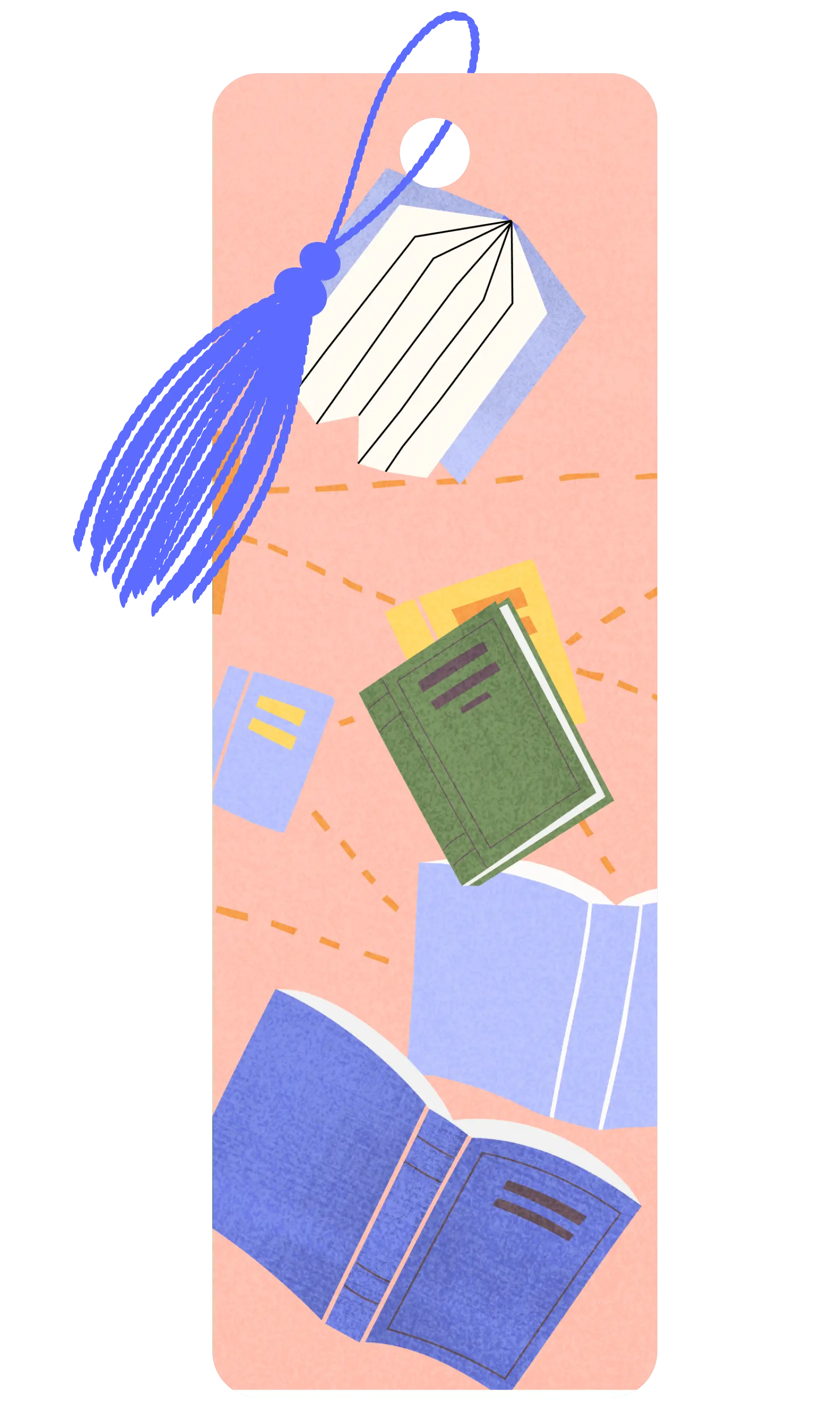 A bookmark illustration with a person's hands reaching up for a floating book. The arms are adorned with a yellow shirt, pearl bracelet, and a pinky ring. The floating book is blue, and there are some star shaped patterns in the background of the image which is mostly orange