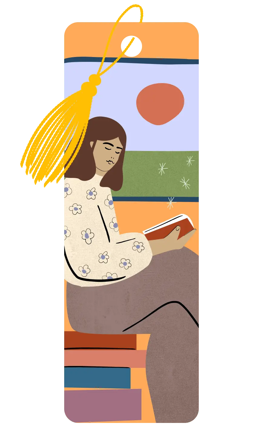 Badge of a person sitting on a pile of books reading a book from inside a vehicle. There is a sun outside in the window, with green grass in the background.