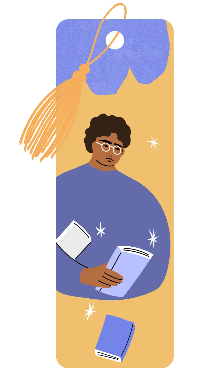 A person wearing glasses and a blue sweater is holding a book in their hand and also a newspaper under one of their arms. The graphic also shows another book floating in front of them, with a background pattern of blue and orange