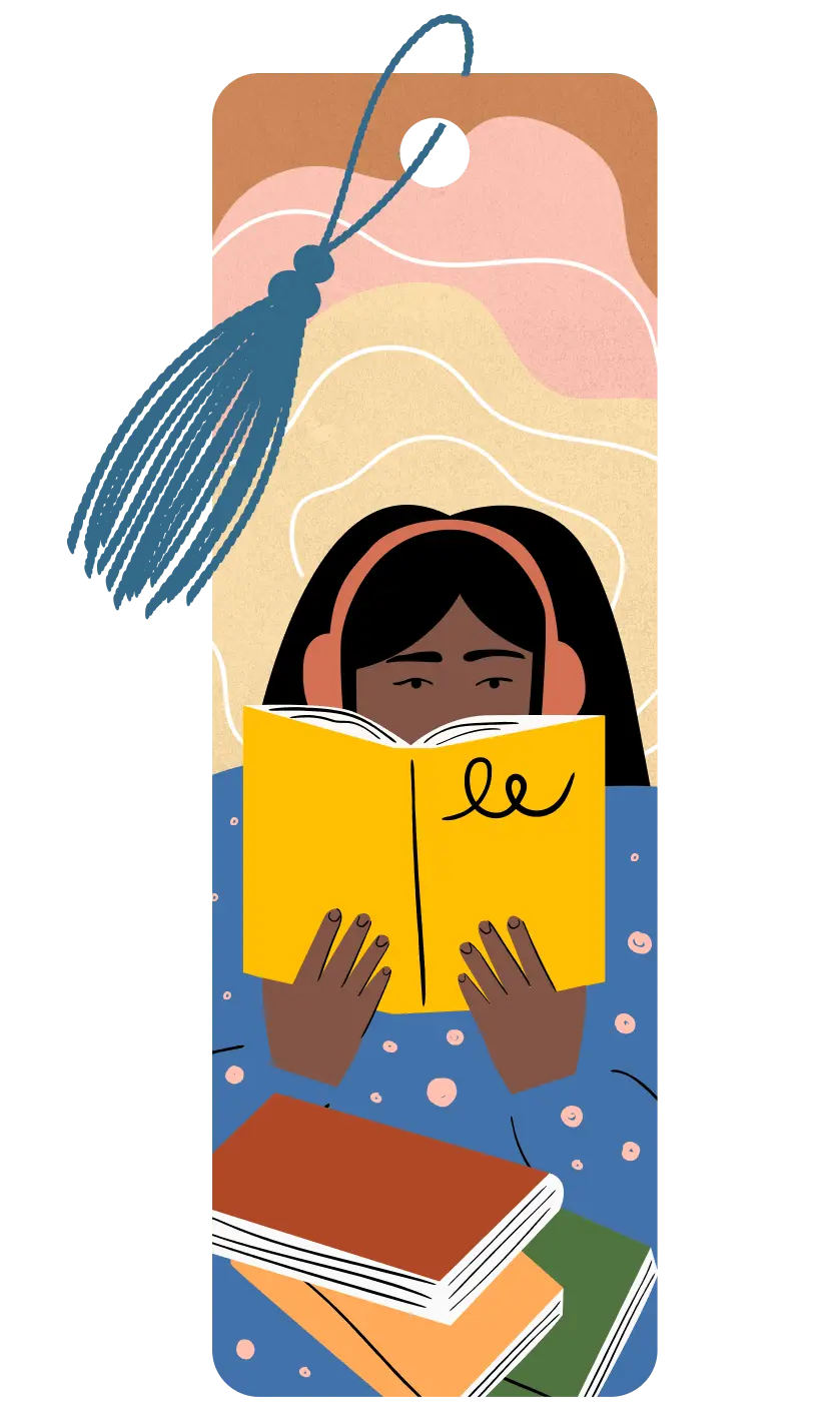 An illustration of a person holding an open yellow-colored book. The reader is wearing a blue outfit with pink dots, and is wearing pink headphones