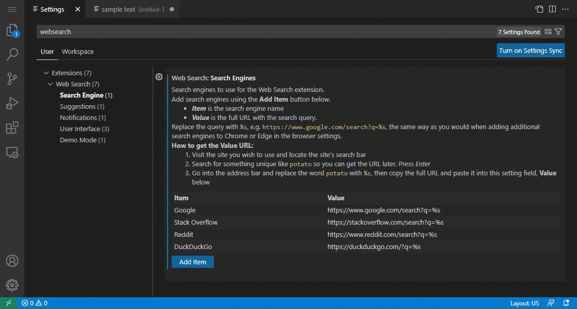 Animation of adding a new search engine to the Web Search extension using the extension settings, then performing a search using the new search engine