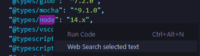 A screenshot showing a bunch of code in the text editor of VS Code with the text 'node' selected and a context menu beside it with the text 'web search selected text' highlighted