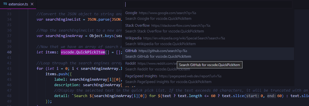 A screenshot of the web Search submenu, displaying the various options to search selected text - all of which can be edited or add your own
